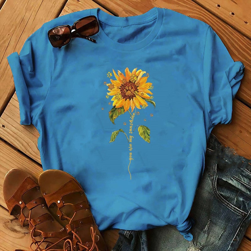 2020 AliExpress wish ebay Amazon foreign trade independent station womens Christmas Animal Flower short sleeve Hole Blue 