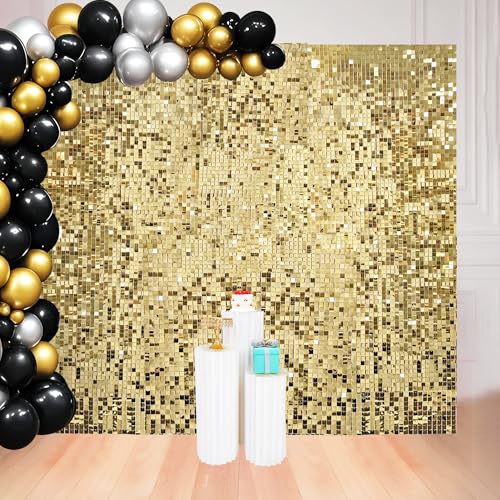 Ozikutech 8 x 8 FT Light Gold Shimmer Wall Backdrop for Party Decorations - 64 Pcs Square Sequin Backdrop Panels for Birthday Disco Engagements Graduations Prom Home Decor Party Supplies - Image 1