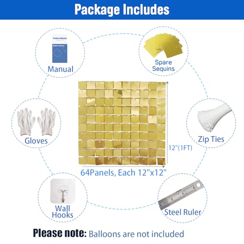 Ozikutech 8 x 8 FT Light Gold Shimmer Wall Backdrop for Party Decorations - 64 Pcs Square Sequin Backdrop Panels for Birthday Disco Engagements Graduations Prom Home Decor Party Supplies - Image 2