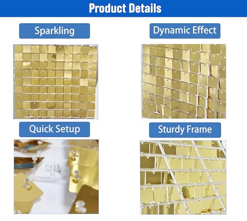 Ozikutech 8 x 8 FT Light Gold Shimmer Wall Backdrop for Party Decorations - 64 Pcs Square Sequin Backdrop Panels for Birthday Disco Engagements Graduations Prom Home Decor Party Supplies - Image 3