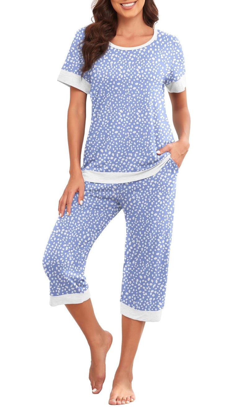 PrinStory Women's Pajama Set Short Sleeve Shirt and Capri Pants Sleepwear Pjs Sets Lounge Set Spot Blue-XL - Image 2