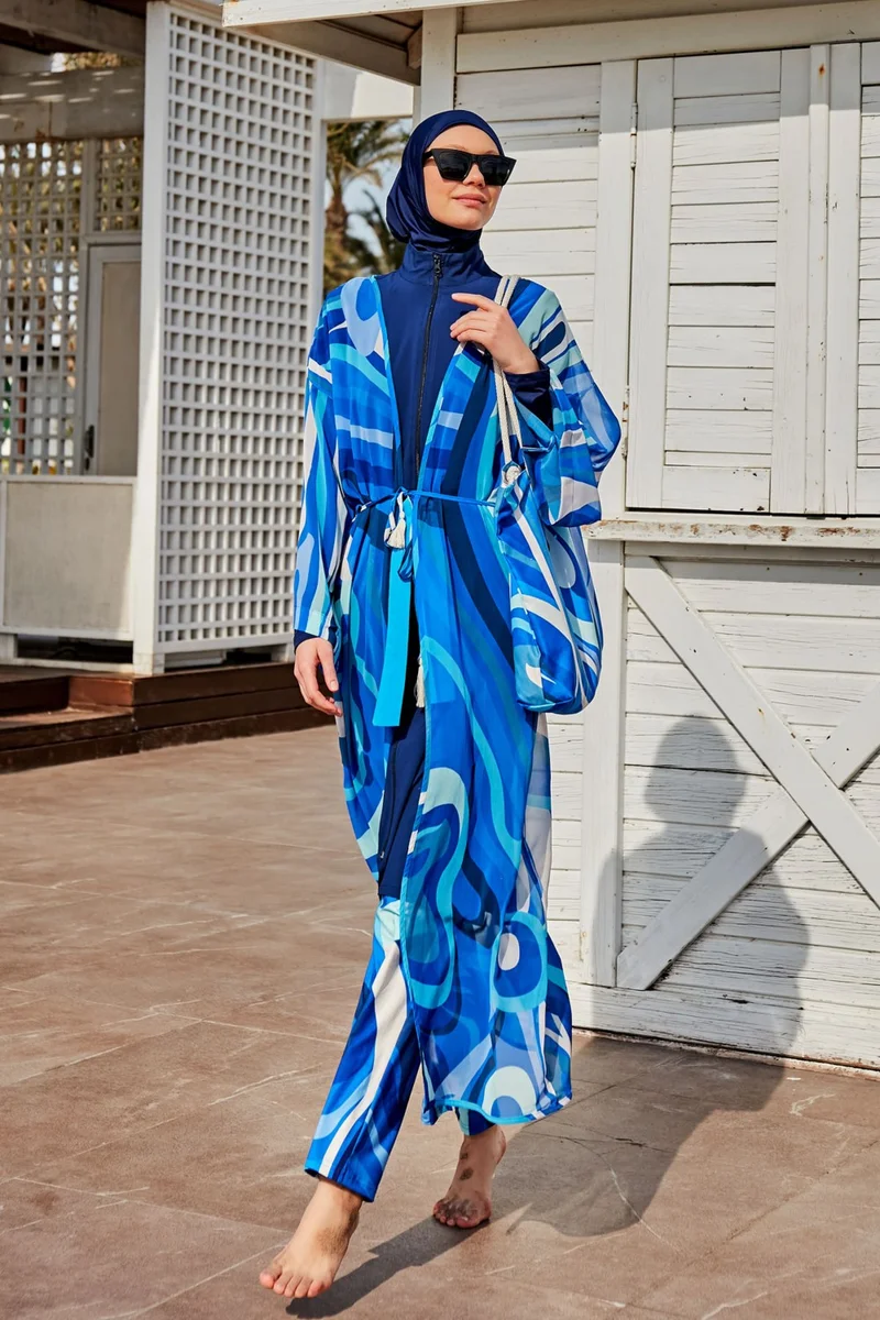 Marina Patterned Blue Kimono Kaftan P2403