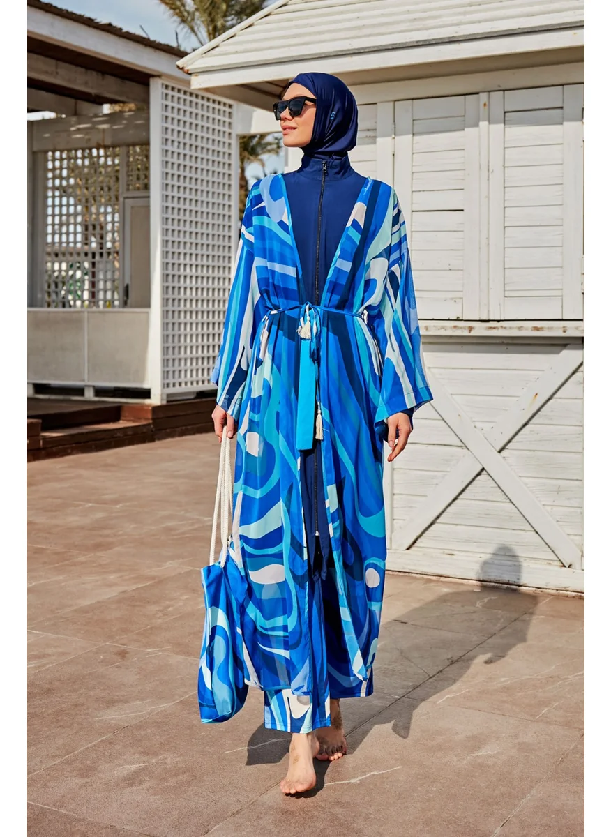 مارينا Patterned Blue Kimono Kaftan P2403