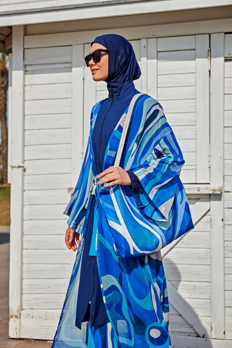 Marina Patterned Blue Kimono Kaftan P2403