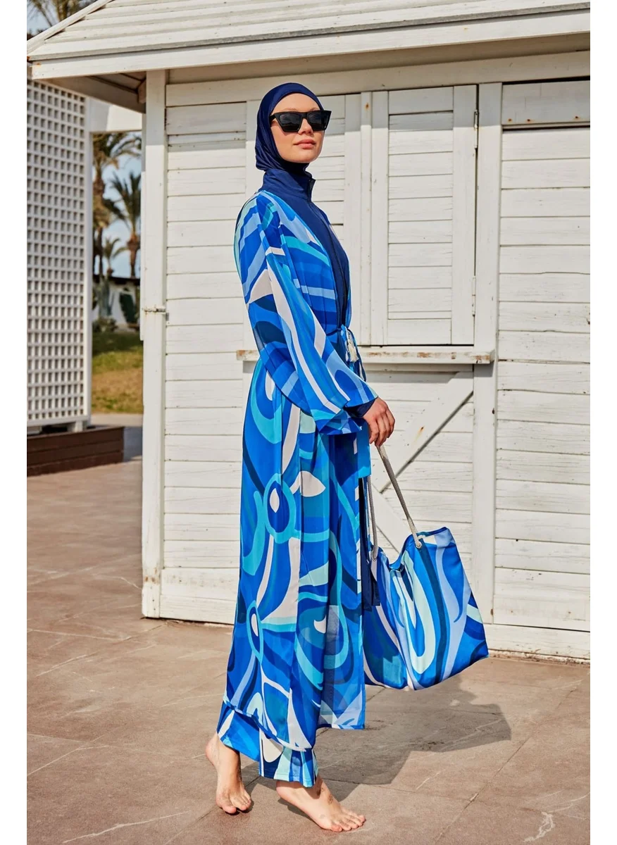 مارينا Patterned Blue Kimono Kaftan P2403