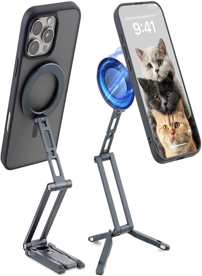 Leftfoto Metal Strong Magnetic Phone Stand 3-Axis Adjustable Foldable Cell Phone Mini Tripod Desk Holder Compatible with iPhone17/Promax16/15 Pro Max/14 Pro/13/12/MagSafe Cases or Android Phones - Image 1