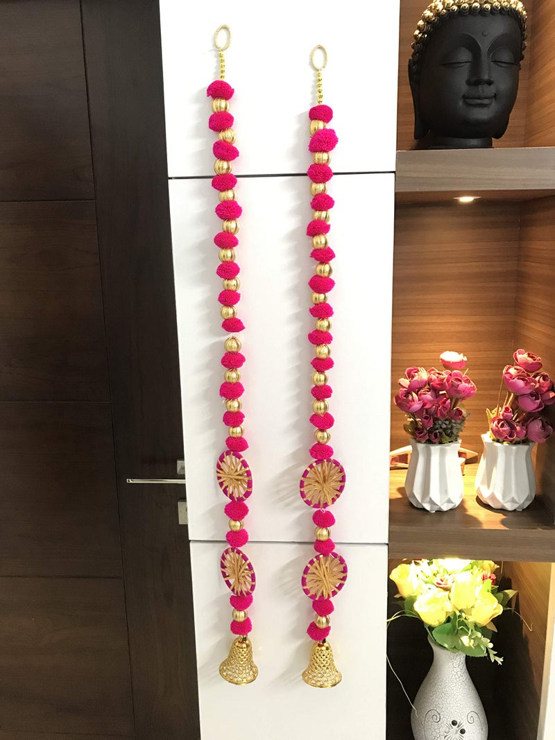 Magpie Document Bag Magpie Handmade Wall Door 3.5 ft.Strings Dark Pink Hanging Pompom Chakri Garland Bandhwar with GoldenBells-DecorationItem for HomeDecor Diwali Festival,Navratri,WeddingOne Pair (3.5 FT 2 Strings) - Image 2