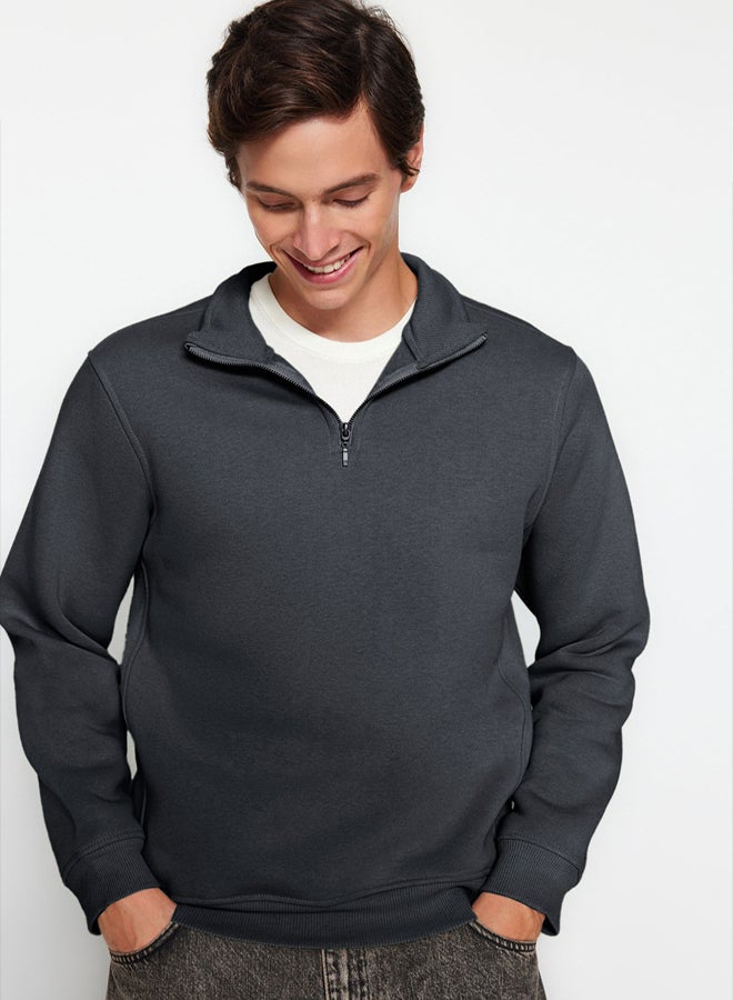trendyol Anthracite Regular/Normal Cut Stand Collar Zippered Warm Basic Sweatshirt - Image 2