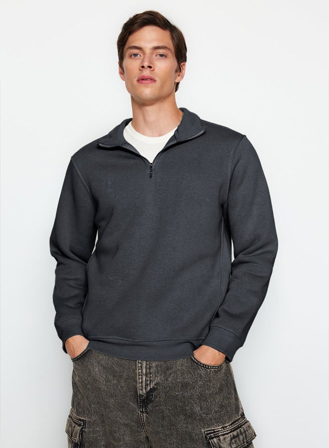 trendyol Anthracite Regular/Normal Cut Stand Collar Zippered Warm Basic Sweatshirt - Image 1