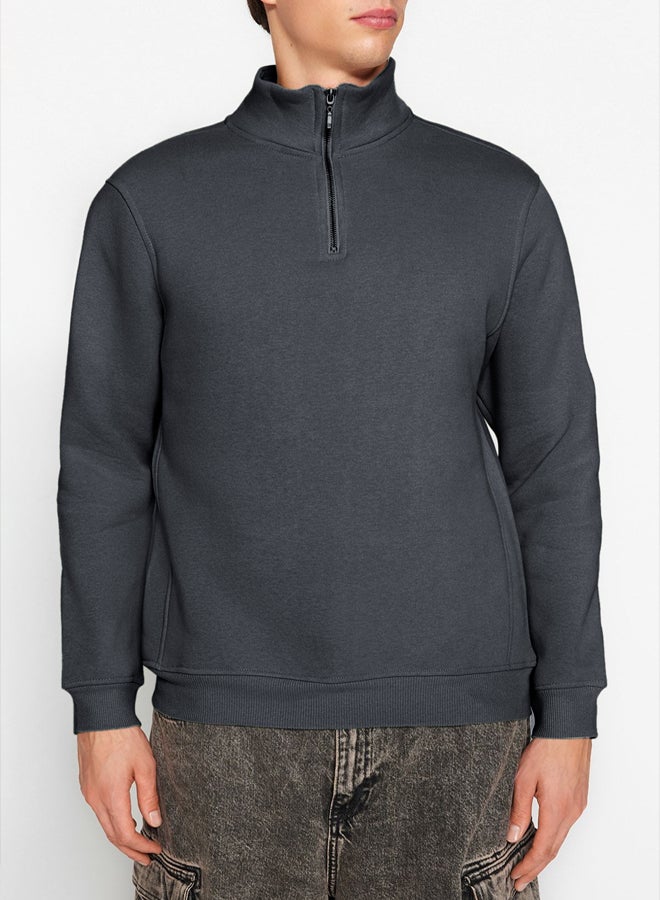 trendyol Anthracite Regular/Normal Cut Stand Collar Zippered Warm Basic Sweatshirt - Image 4