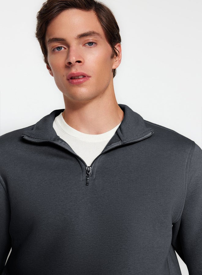 trendyol Anthracite Regular/Normal Cut Stand Collar Zippered Warm Basic Sweatshirt - Image 3