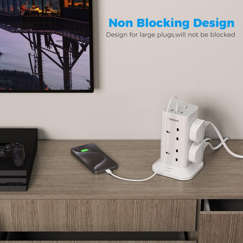TESSAN Tower Extension Lead with 2 USB C Slots - Image 4