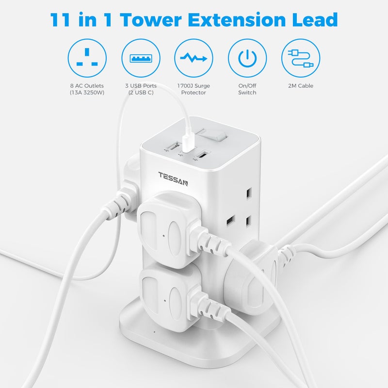 TESSAN Tower Extension Lead with 2 USB C Slots - Image 2