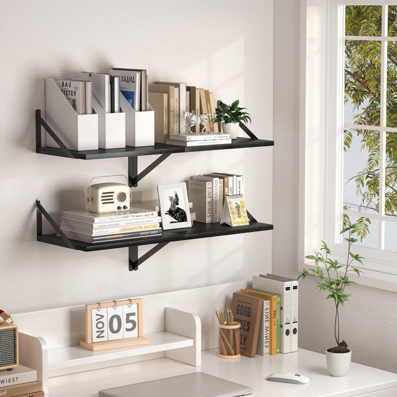 Heimlove Black Deep Floating Shelves for Wall, 16W x 12D Wood Wall Shelves Set of 2, Wide Floating Bookshelf for Living Room, Kitchen, Office, Bedroom and Decor Storage, with Metal Bracket - Black - Image 5