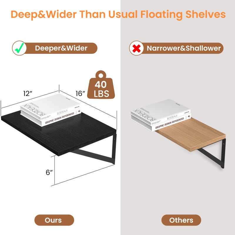 Heimlove Black Deep Floating Shelves for Wall, 16W x 12D Wood Wall Shelves Set of 2, Wide Floating Bookshelf for Living Room, Kitchen, Office, Bedroom and Decor Storage, with Metal Bracket - Black - Image 2