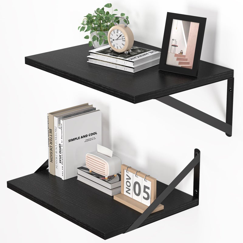 Heimlove Black Deep Floating Shelves for Wall, 16W x 12D Wood Wall Shelves Set of 2, Wide Floating Bookshelf for Living Room, Kitchen, Office, Bedroom and Decor Storage, with Metal Bracket - Black - Image 1