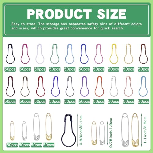 Mayboos 1200 Pcs 22 Colors Metal Safety Pins,Bulb Gourd Pins Pear Shaped Pins for Knitting Stitch Markers, Sewing Clothing DIY Craft Making with Storage Box - Image 2