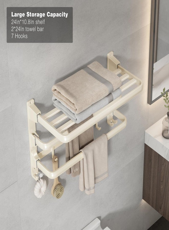 VOLDRA Towel Racks for Bathroom, 24-Inch Towel Shelf with 2 Towel Bar Foldable Towel Holder with 7 Hooks Towel Storage Organizer for Bathroom & Lavatory Wall Mounted(Milky White) - Image 2