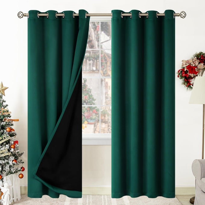 THERMAL INSULATED 100 BLACKOUT CURTAINS FOR BEDROOM WITH BLACK LINER DOUBLE LAYER FULL ROOM DARKENING NOISE REDUCING GROMMET CURTAIN 52 X 84 INCH EMERALD 2 PANELS