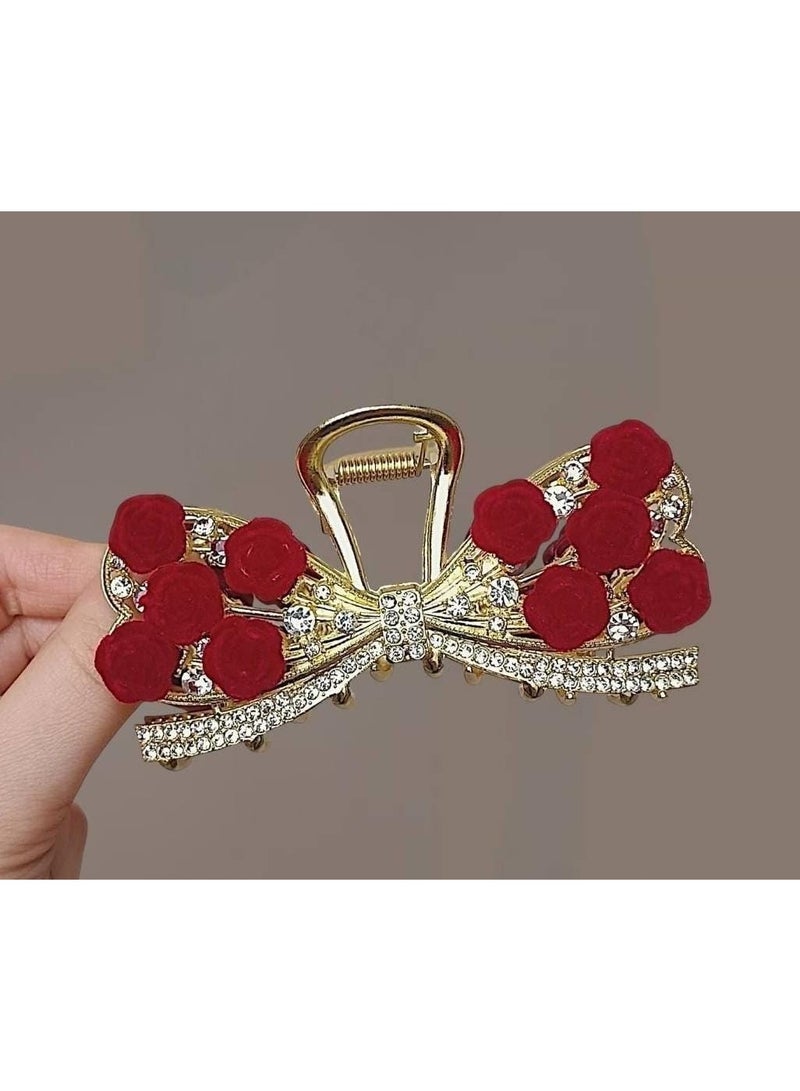 توكة شعر معدنية بتصميم فيونكة مرصعة باللؤلؤ والفصوص الكريستالية والورود الحمراء – مشبك شعر أنيق باللون الذهبي للسيدات والبنات - Image 1