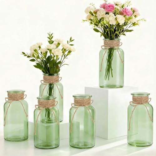 LEYIQU Vintage Glass Flower Vase, Farmhouse Glass Centerpiece Vases Mason Jars for Weddings, Parties & Home Decor Bulk (6,Green) - Image 1