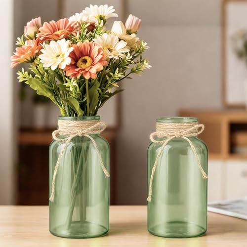 LEYIQU Vintage Glass Flower Vase, Farmhouse Glass Centerpiece Vases Mason Jars for Weddings, Parties & Home Decor Bulk (6,Green) - Image 3