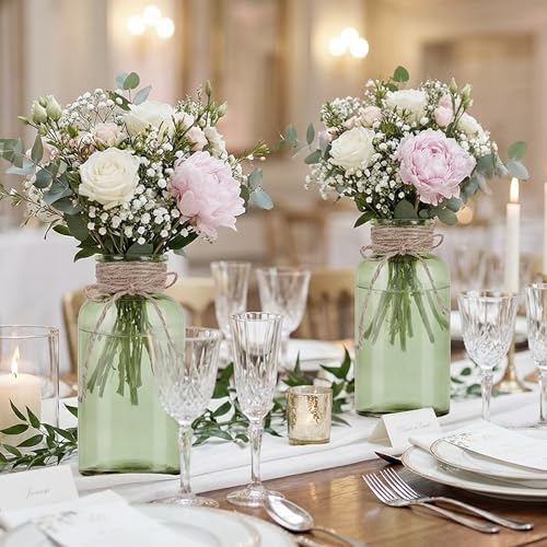 LEYIQU Vintage Glass Flower Vase, Farmhouse Glass Centerpiece Vases Mason Jars for Weddings, Parties & Home Decor Bulk (6,Green) - Image 4