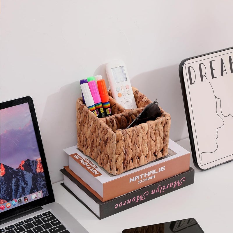 LYDWOO8D Wicker Remote Control Holder Hand Woven Water Hyacinth Storage Basket with 3 Compartments,Cosmetic Storage Box for Desk,Home Organization - Image 3