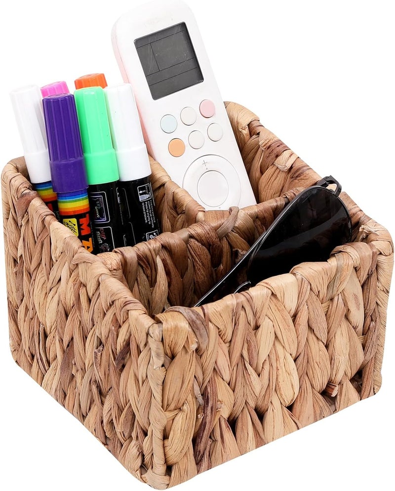 LYDWOO8D Wicker Remote Control Holder Hand Woven Water Hyacinth Storage Basket with 3 Compartments,Cosmetic Storage Box for Desk,Home Organization - Image 1