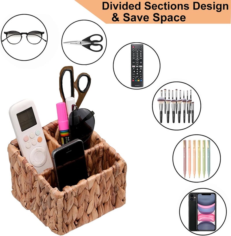LYDWOO8D Wicker Remote Control Holder Hand Woven Water Hyacinth Storage Basket with 3 Compartments,Cosmetic Storage Box for Desk,Home Organization - Image 5