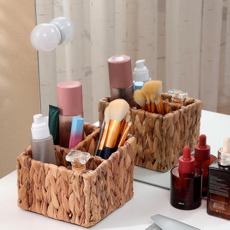 LYDWOO8D Wicker Remote Control Holder Hand Woven Water Hyacinth Storage Basket with 3 Compartments,Cosmetic Storage Box for Desk,Home Organization - Image 2