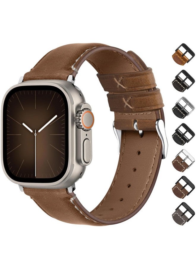 Fullmosa Fullmosa Real Leather Band Compatible with Apple Watch Strap 42mm 44mm 45mm 49mm Apple Watch Band for iWatch Ultra2/Ultra Series 9/8/7/6/5/4/3/2/1/SE/SE2,Toffee Brown+Silver Buckle[Watch NOT Included] - Image 1
