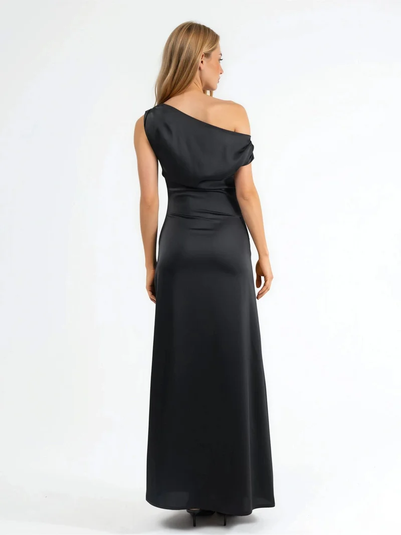 Hiccup Black Asymmetrical Collar Bodycon Satin Maxi Dress for Women | Best Price UAE