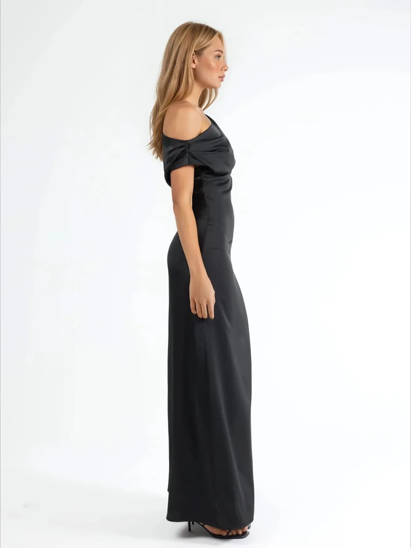 Hiccup Black Asymmetrical Collar Bodycon Satin Maxi Dress for Women | Best Price UAE
