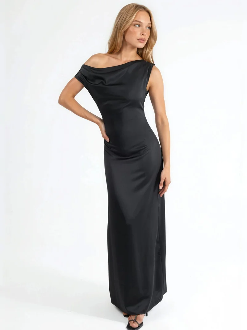 Hiccup Black Asymmetrical Collar Bodycon Satin Maxi Dress for Women | Best Price UAE