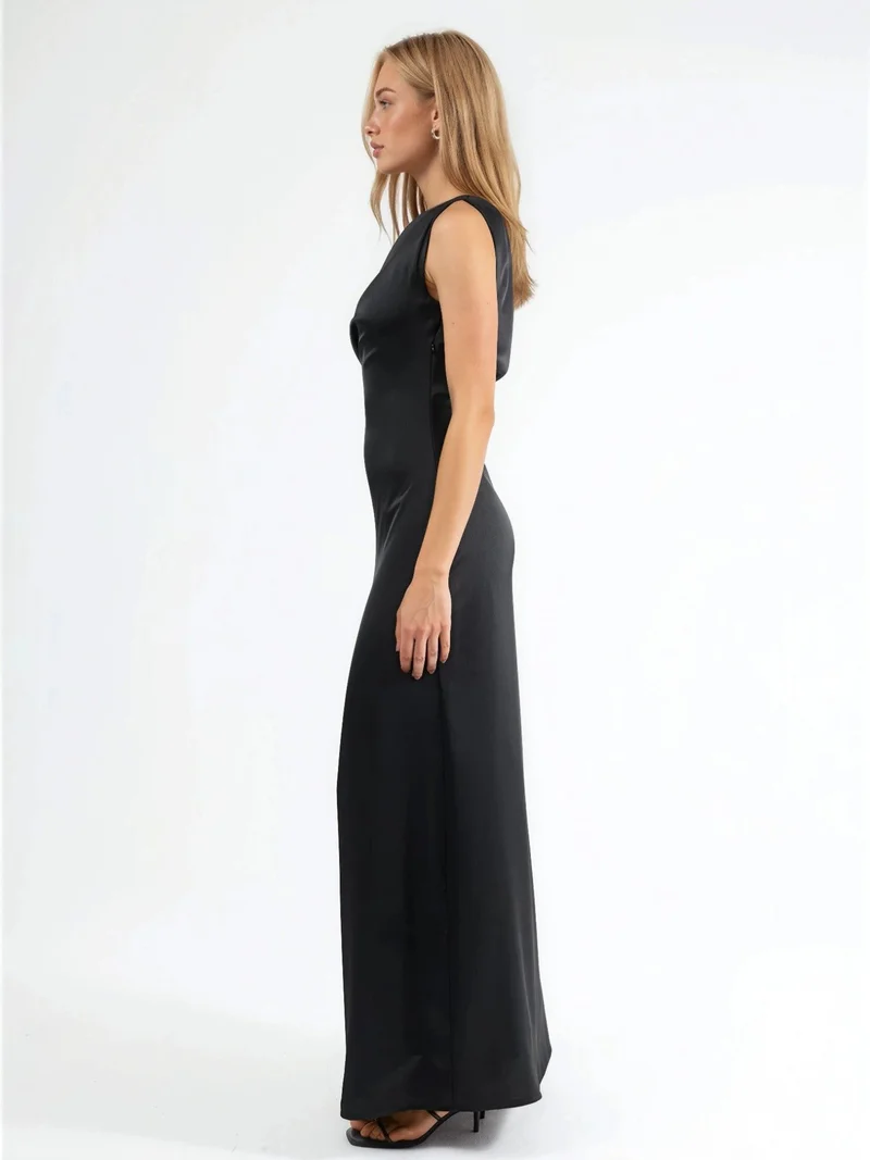 Hiccup Black Asymmetrical Collar Bodycon Satin Maxi Dress for Women | Best Price UAE