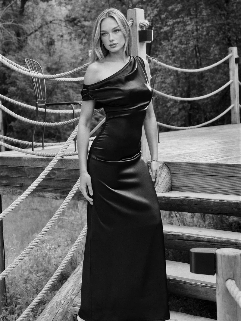 HICCUP Asymmetrical Collar Bodycon Satin Maxi Dress