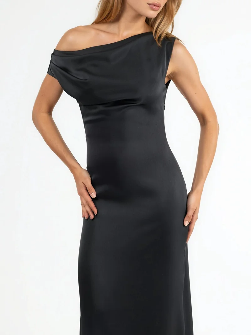 Hiccup Black Asymmetrical Collar Bodycon Satin Maxi Dress for Women | Best Price UAE