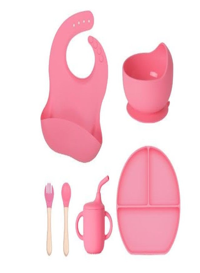 Xacton 6 in 1 Silicone Baby Feeding Set - Suction Plate, Bowl, Cup, Spoon, Fork, and Bib I BPA Free, Dishwasher, Freezer & Microwave Safe I Easy Clean I Feeding Kit for Infants & Toddler (Pink) - Image 1
