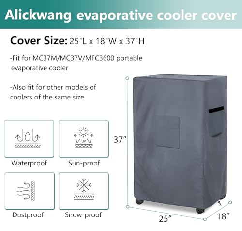 Alickwang Evaporative Cooler Cover for Hessaire MC37M MC37V Evaporative Cooler,Outdoor Heavy Duty 600D Waterproof Swamp Cooler Cover,25"L x 18"W x 37"H,Grey - Image 2