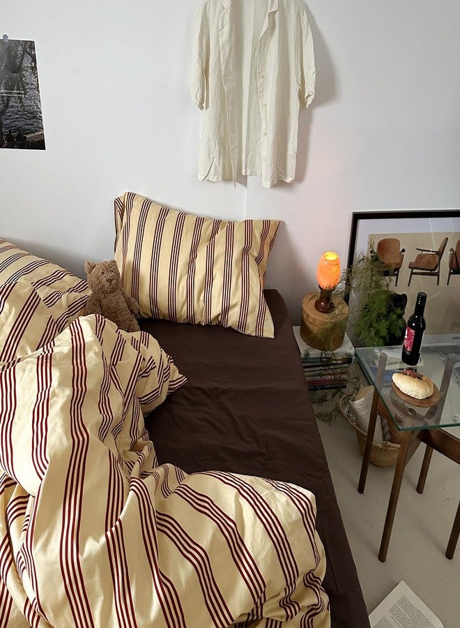 MKXI Full Size Reddish-Brown & Yellow Striped Duvet Cover Set - 3 Piece Vintage Aesthetic Bedding Set, Cotton, Minimalist Design, Soft & Breathable Duvet Cover with Zipper Ties - Image 5