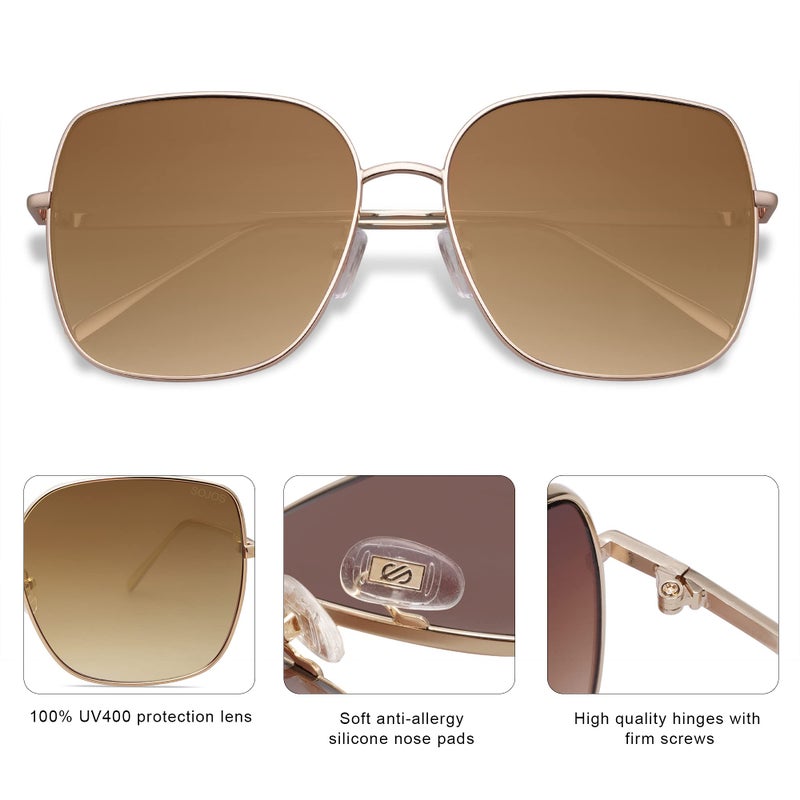 SOJOS Trendy Oversized Square Metal Frame Sunglasses for Women Men Retro Big Flat Lens UV Protection Sunglasses SJ1146, Gold Frame/Brown Grading Lens - Image 4