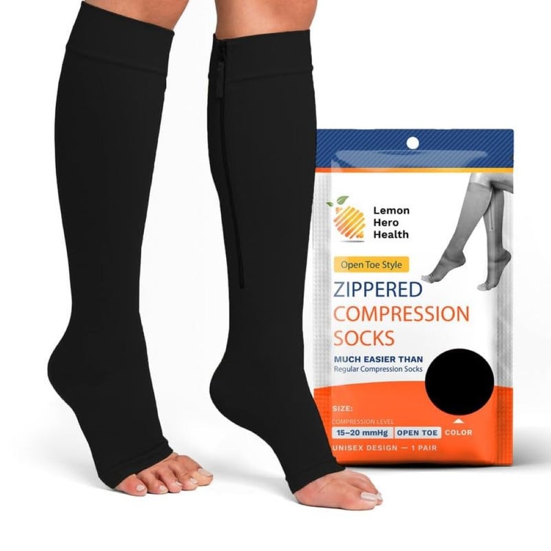 Lemon Hero Zipper Compression Socks Pair with Zip Guard Skin Protection & Open Toe (sizes Med to 6XL)- 15-20mmHg Medical Compression Socks for Men & Women - Image 1