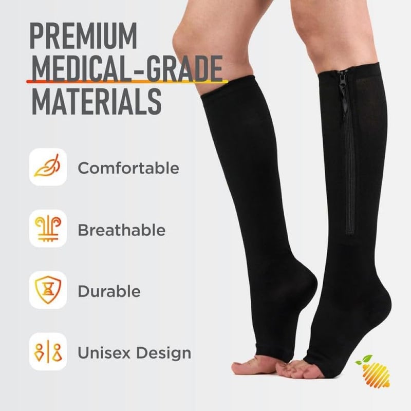 Lemon Hero Zipper Compression Socks Pair with Zip Guard Skin Protection & Open Toe (sizes Med to 6XL)- 15-20mmHg Medical Compression Socks for Men & Women - Image 3
