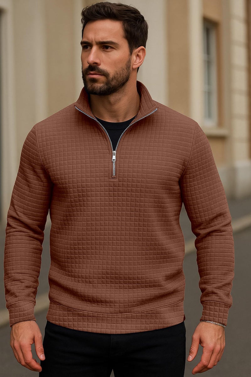 KAJARU Men's Textured Half-Zip Short Sleeve Sweatshirt - Casual Summer Pullover Top (in, Alpha, XL, Regular, Coffee) - Image 2