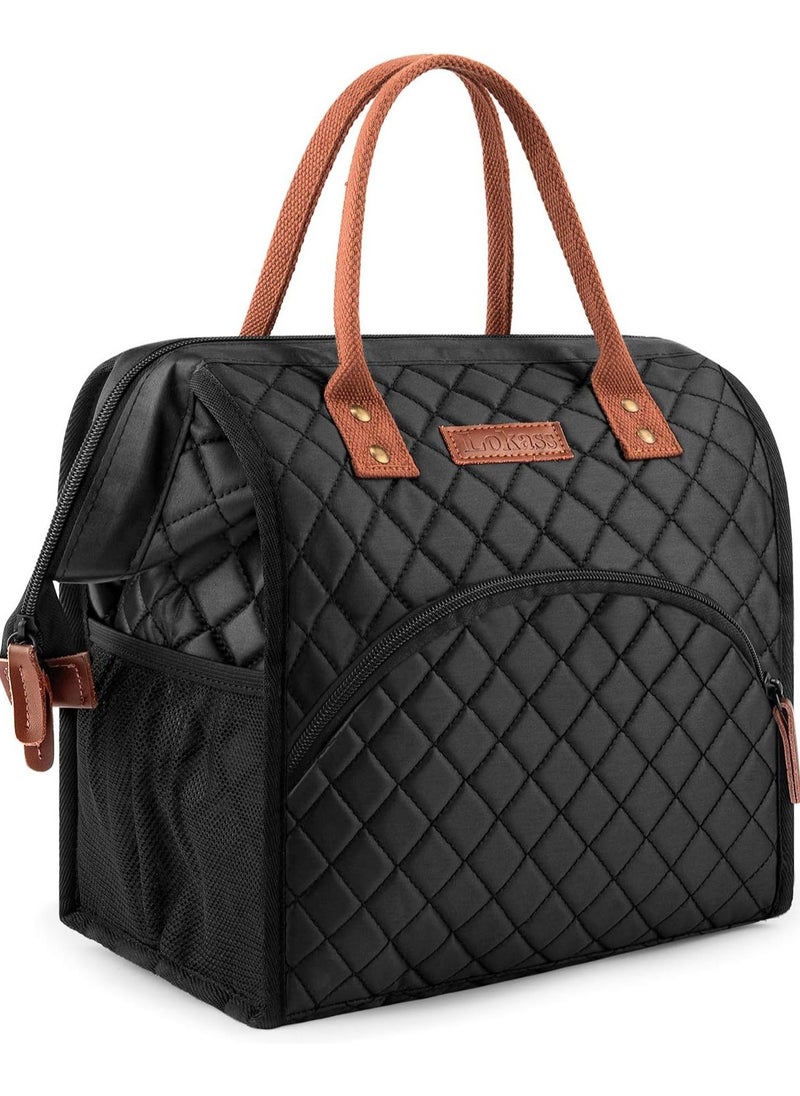 LOKASS - LOKASS Lunch Bag Insulated Lunch Box Wide-Open Lunch Tote Bag Large Drinks Holder Durable Nylon Thermal Snacks Organizer for Women Men Adults Work Picnic Hiking Beach Fishing,Black-Square - Image 1