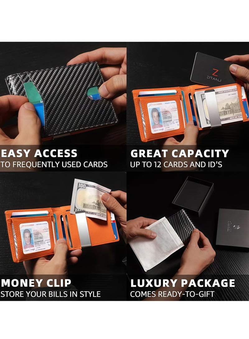 Men's Slim Carbon Fiber Leather Bifold Wallet Thin Minimalist Credit Card Holder Fits 12 Cards with Money Clip ID Window RFID Blocking,for Commute Business Meetings Daily Outings Great as Gifts for Men,Orange Lining - Image 3