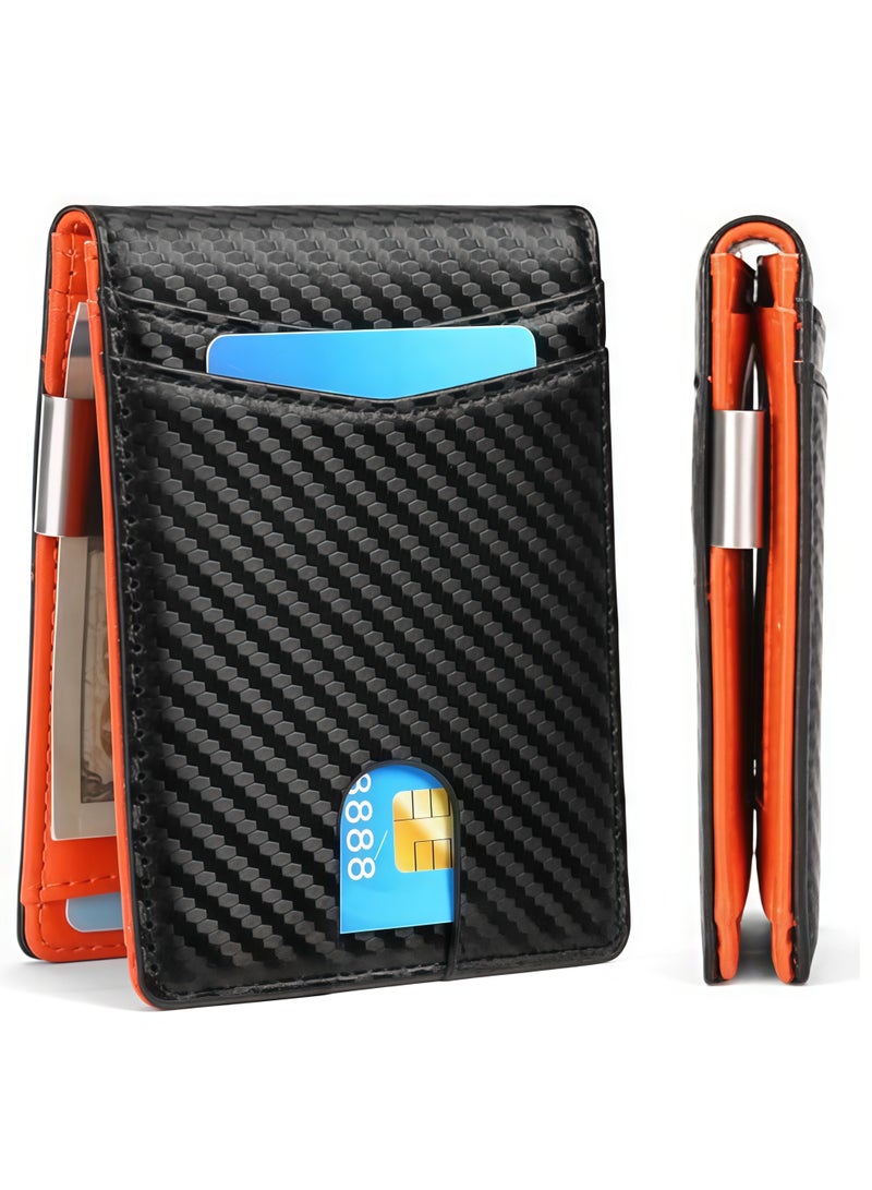 Men's Slim Carbon Fiber Leather Bifold Wallet Thin Minimalist Credit Card Holder Fits 12 Cards with Money Clip ID Window RFID Blocking,for Commute Business Meetings Daily Outings Great as Gifts for Men,Orange Lining - Image 1