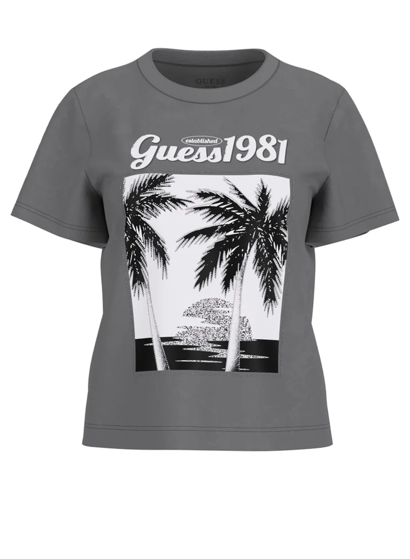 جس Short Sleeve Palm Print Washed T-Shirt
