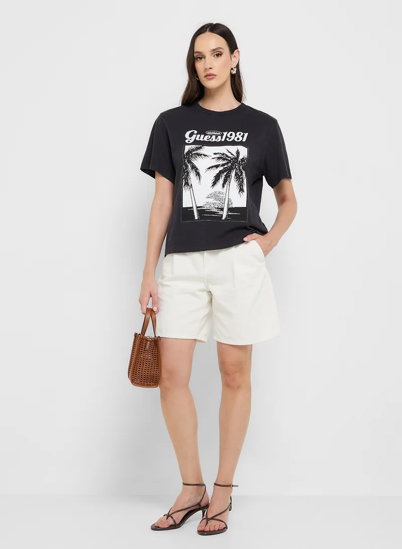 GUESS Short Sleeve Palm Print Washed T-Shirt